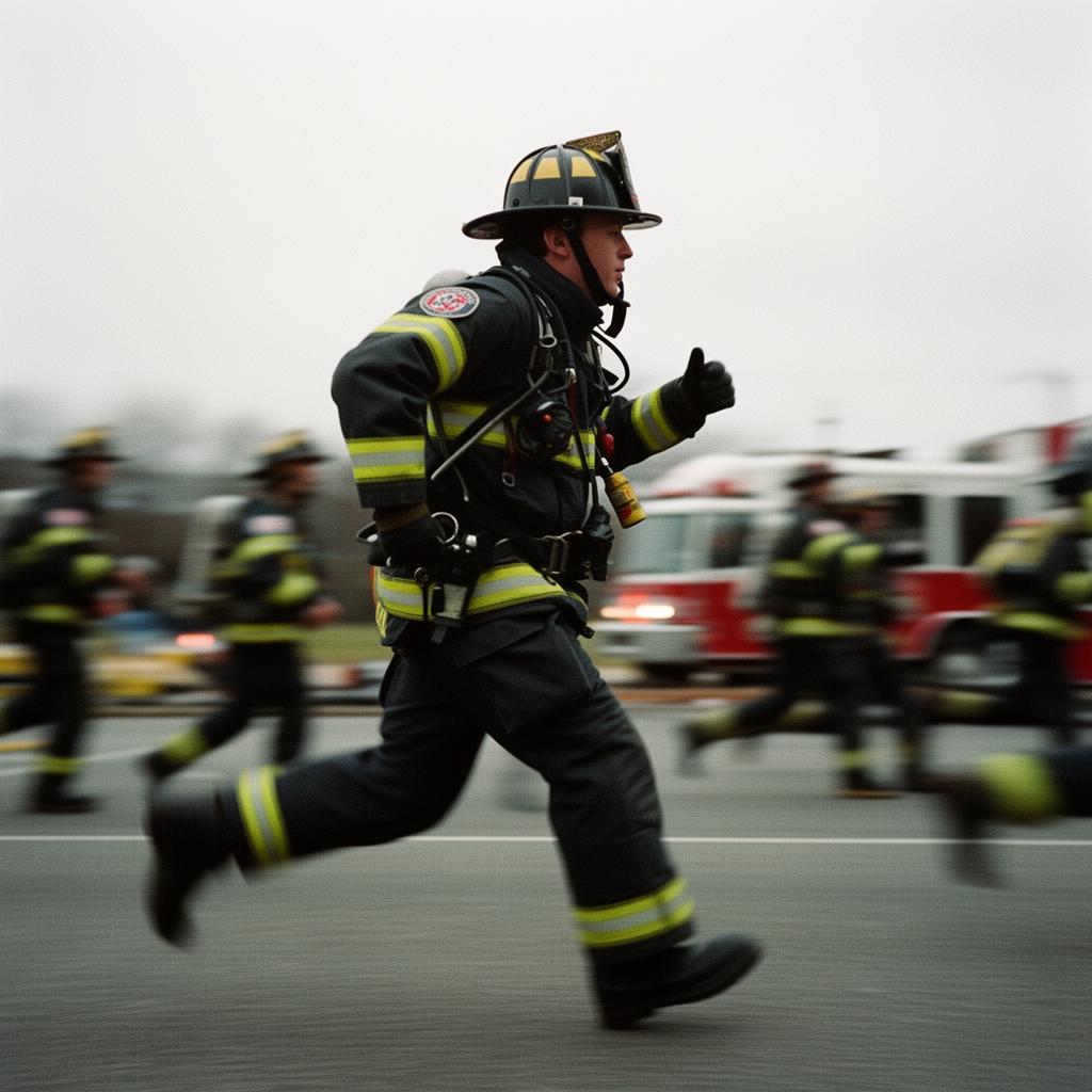 Firefighter running in profile toward an emergency with motion blur